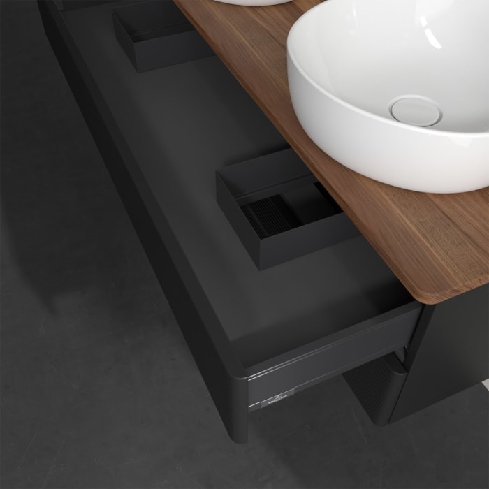 Villeroy & Boch Antao Waschbeckenunterschrank, 120 x 19 cm, 2 Auszüge, Fronten mit Struktur, ohne Hahnloch, für Waschtisch links und rechts