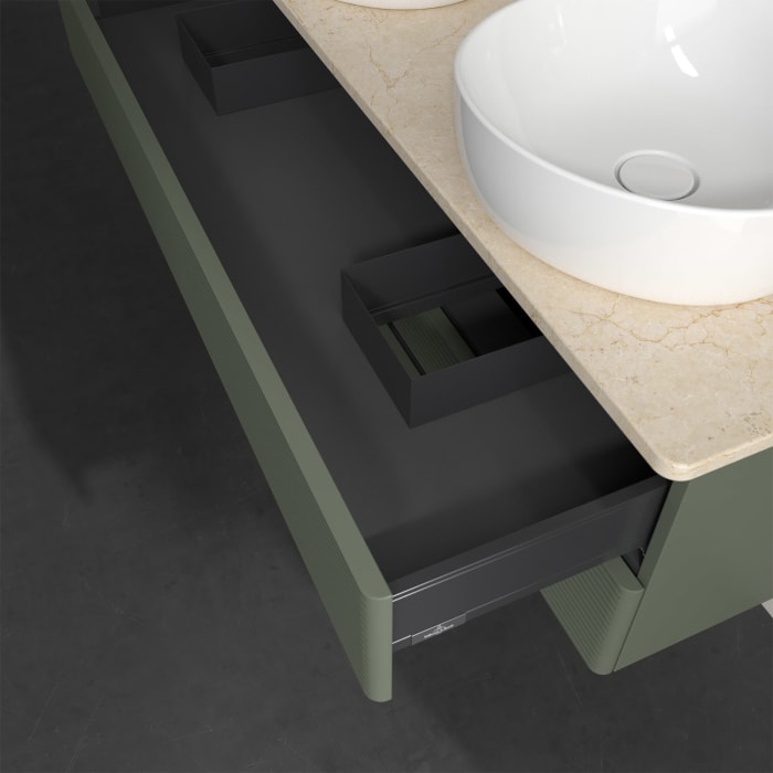 Villeroy & Boch Antao Waschbeckenunterschrank, 120 x 19 cm, 2 Auszüge, Fronten mit Struktur, ohne Hahnloch, für Waschtisch links und rechts