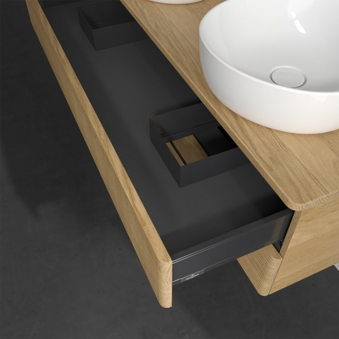 Villeroy & Boch Antao Waschbeckenunterschrank, 120 x 19 cm, 2 Auszüge, Fronten mit Struktur, mit Hahnloch, für Waschtisch links und rechts