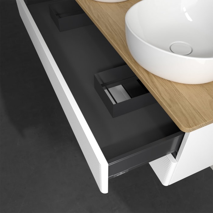 Villeroy & Boch Antao Waschbeckenunterschrank, 120 x 19 cm, 2 Auszüge, Fronten mit Struktur, mit Hahnloch, für Waschtisch links und rechts