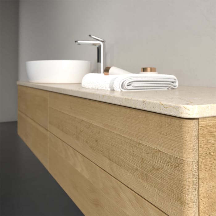 Villeroy & Boch Antao Waschbeckenunterschrank, 160 x 19 cm, 4 Auszüge, Fronten ohne Struktur, mit Hahnloch, für Waschtisch links