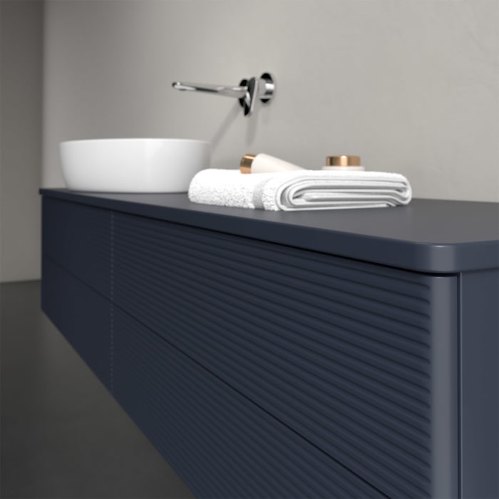 Villeroy & Boch Antao Waschbeckenunterschrank, 160 x 19 cm, 4 Auszüge, Fronten mit Struktur, mit Hahnloch, für Waschtisch links