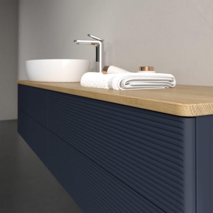 Villeroy & Boch Antao Waschbeckenunterschrank, 160 x 19 cm, 4 Auszüge, Fronten mit Struktur, mit Hahnloch, für Waschtisch links