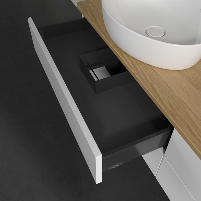 Villeroy & Boch Antao Waschbeckenunterschrank, 160 x 19 cm, 4 Auszüge, Fronten ohne Struktur, mit Hahnloch, für Waschtisch links