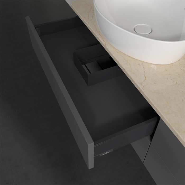 Villeroy & Boch Antao Waschbeckenunterschrank, 160 x 19 cm, 4 Auszüge, Fronten ohne Struktur, mit Hahnloch, für Waschtisch links