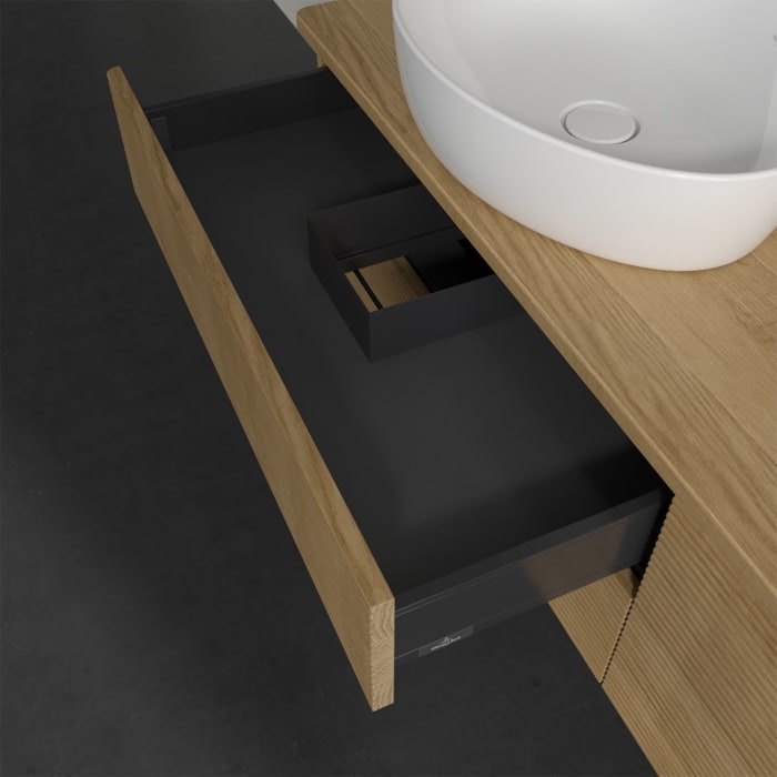 Villeroy & Boch Antao Waschbeckenunterschrank, 160 x 19 cm, 4 Auszüge, Fronten mit Struktur, ohne Hahnloch, für Waschtisch links