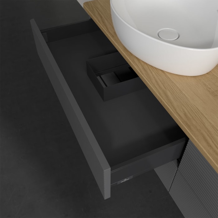 Villeroy & Boch Antao Waschbeckenunterschrank, 160 x 19 cm, 4 Auszüge, Fronten mit Struktur, mit Hahnloch, für Waschtisch links