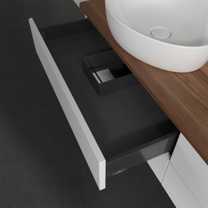 Villeroy & Boch Antao Waschbeckenunterschrank, 160 x 19 cm, 4 Auszüge, Fronten mit Struktur, mit Hahnloch, für Waschtisch links