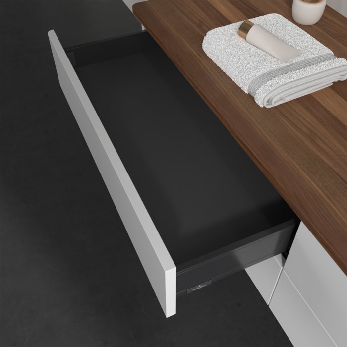 Villeroy & Boch Antao Waschbeckenunterschrank, 160 x 19 cm, 4 Auszüge, Fronten ohne Struktur, mit Hahnloch, für Waschtisch rechts