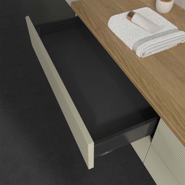 Villeroy & Boch Antao Waschbeckenunterschrank, 160 x 19 cm, 4 Auszüge, Fronten mit Struktur, mit Hahnloch, für Waschtisch rechts