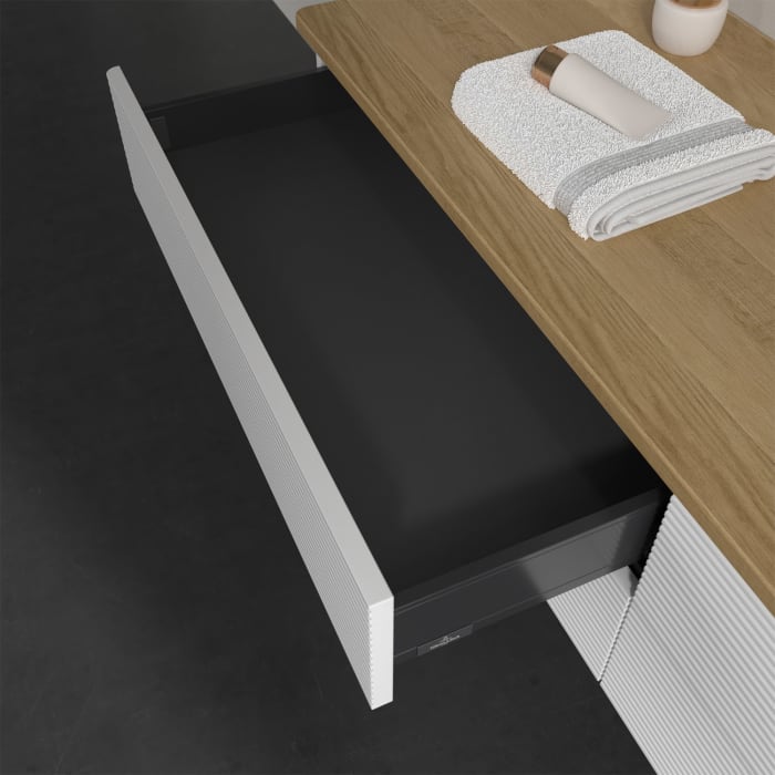 Villeroy & Boch Antao Waschbeckenunterschrank, 160 x 19 cm, 4 Auszüge, Fronten mit Struktur, mit Hahnloch, für Waschtisch rechts