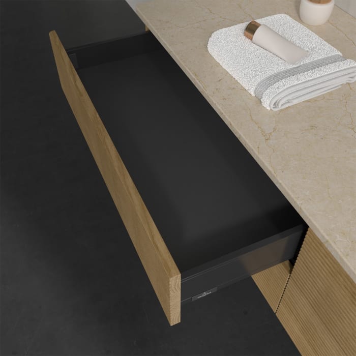 Villeroy & Boch Antao Waschbeckenunterschrank, 160 x 19 cm, 4 Auszüge, Fronten mit Struktur, mit Hahnloch, für Waschtisch rechts