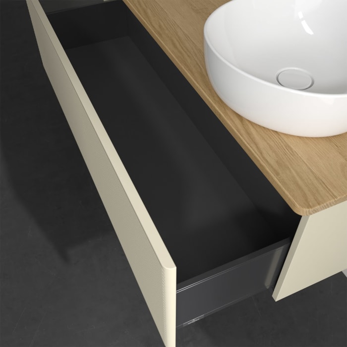 Villeroy & Boch Antao Waschbeckenunterschrank, 120 x 36 cm, 1 Auszug, Front mit Struktur, mit Hahnloch, für Waschtisch rechts