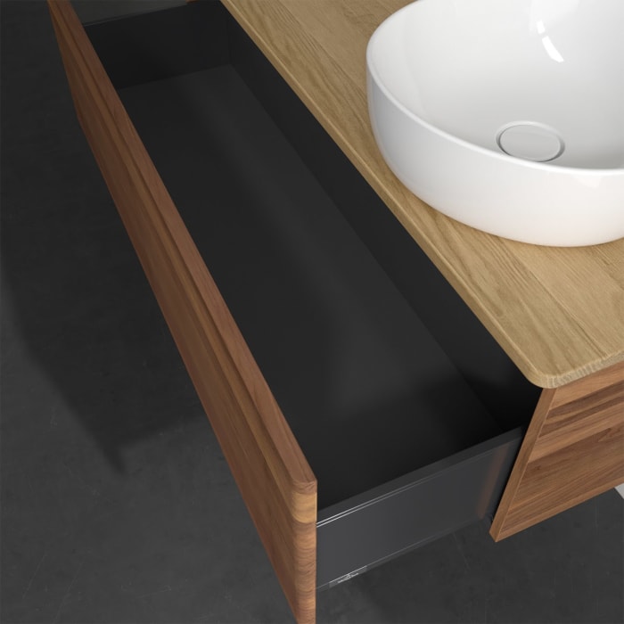 Villeroy & Boch Antao Waschbeckenunterschrank, 120 x 36 cm, 1 Auszug, Front mit Struktur, mit Hahnloch, für Waschtisch rechts