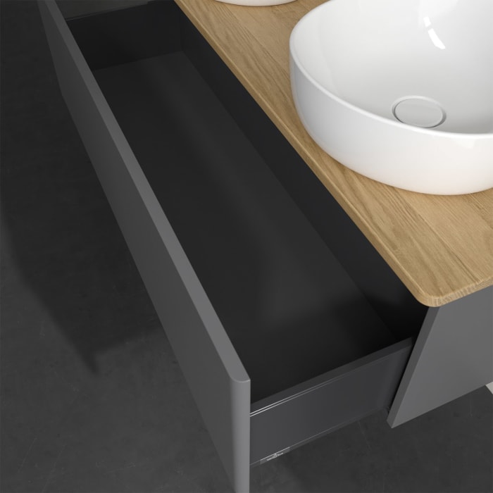 Villeroy & Boch Antao Waschbeckenunterschrank, 120 x 36 cm, 1 Auszug, Front ohne Struktur, mit Hahnloch, für Waschtisch links und rechts