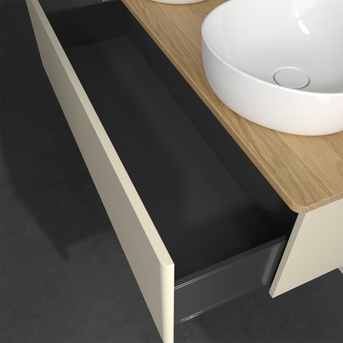 Villeroy & Boch Antao Waschbeckenunterschrank, 120 x 36 cm, 1 Auszug, Front ohne Struktur, mit Hahnloch, für Waschtisch links und rechts