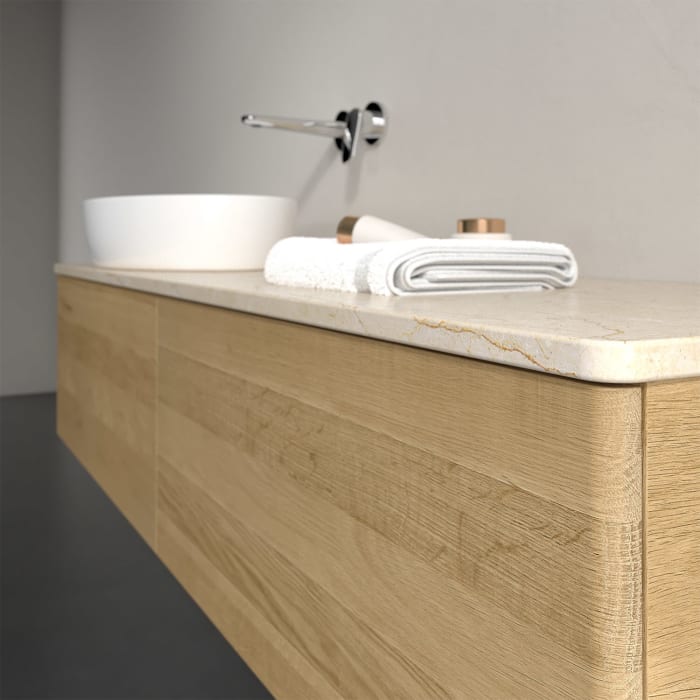 Villeroy & Boch Antao Waschbeckenunterschrank, 160 x 36 cm, 2 Auszüge, Front ohne Struktur, ohne Hahnloch, für Waschtisch links