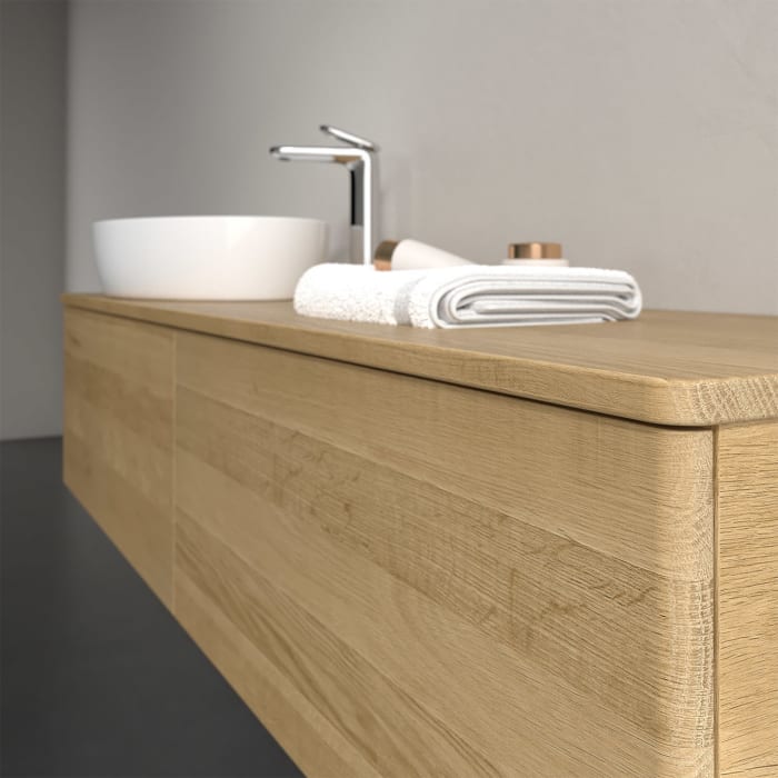 Villeroy & Boch Antao Waschbeckenunterschrank, 160 x 36 cm, 2 Auszüge, Front ohne Struktur, mit Hahnloch, für Waschtisch links