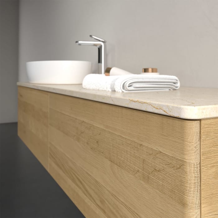 Villeroy & Boch Antao Waschbeckenunterschrank, 160 x 36 cm, 2 Auszüge, Front ohne Struktur, mit Hahnloch, für Waschtisch links