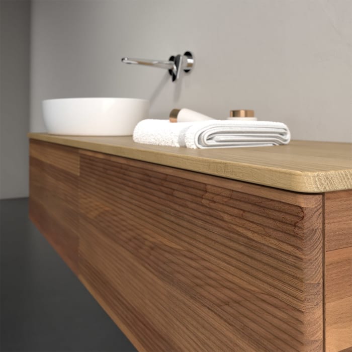 Villeroy & Boch Antao Waschbeckenunterschrank, 160 x 36 cm, 2 Auszüge, Front mit Struktur, ohne Hahnloch, für Waschtisch links