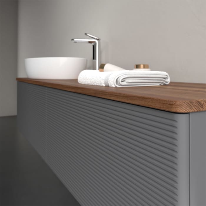 Villeroy & Boch Antao Waschbeckenunterschrank, 160 x 36 cm, 2 Auszüge, Front mit Struktur, mit Hahnloch, für Waschtisch links