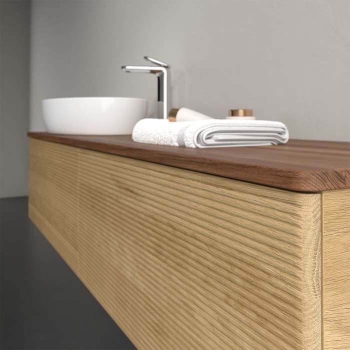 Villeroy & Boch Antao Waschbeckenunterschrank, 160 x 36 cm, 2 Auszüge, Front mit Struktur, mit Hahnloch, für Waschtisch links