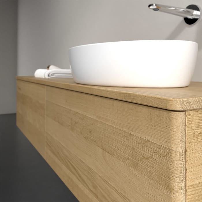 Villeroy & Boch Antao Waschbeckenunterschrank, 160 x 36 cm, 2 Auszüge, Front ohne Struktur, ohne Hahnloch, für Waschtisch rechts