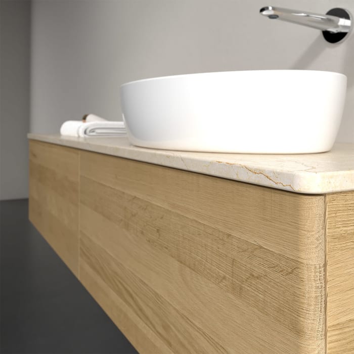 Villeroy & Boch Antao Waschbeckenunterschrank, 160 x 36 cm, 2 Auszüge, Front ohne Struktur, ohne Hahnloch, für Waschtisch rechts