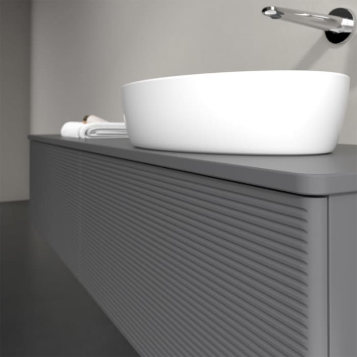 Villeroy & Boch Antao Waschbeckenunterschrank, 160 x 36 cm, 2 Auszüge, Front mit Struktur, ohne Hahnloch, für Waschtisch rechts