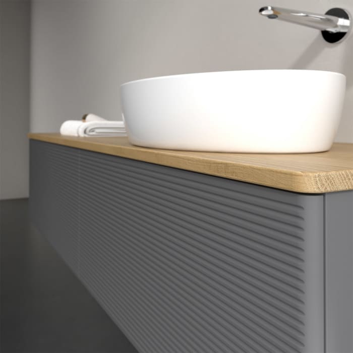 Villeroy & Boch Antao Waschbeckenunterschrank, 160 x 36 cm, 2 Auszüge, Front mit Struktur, ohne Hahnloch, für Waschtisch rechts