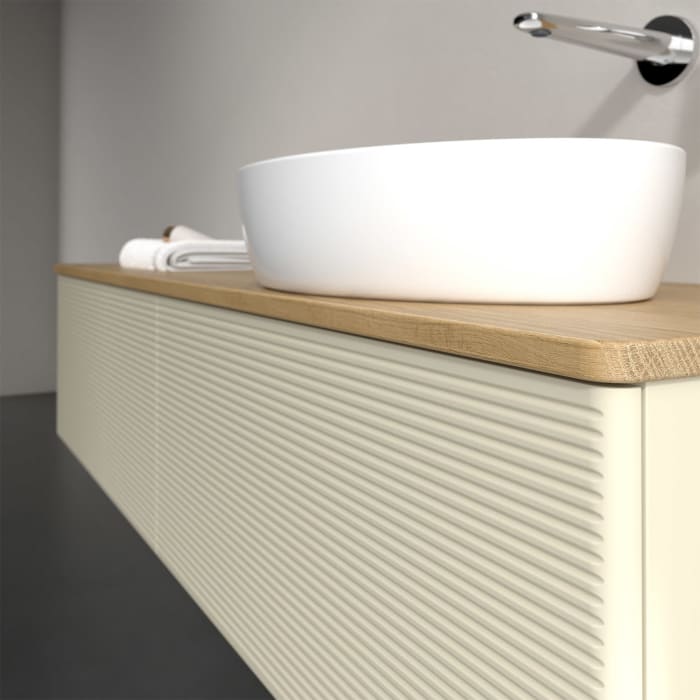 Villeroy & Boch Antao Waschbeckenunterschrank, 160 x 36 cm, 2 Auszüge, Front mit Struktur, ohne Hahnloch, für Waschtisch rechts