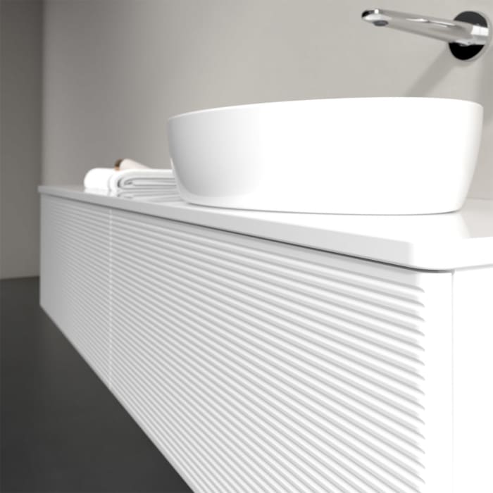 Villeroy & Boch Antao Waschbeckenunterschrank, 160 x 36 cm, 2 Auszüge, Front mit Struktur, mit Hahnloch, für Waschtisch rechts