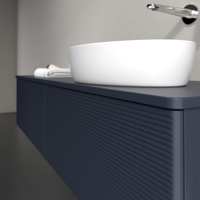 Villeroy & Boch Antao Waschbeckenunterschrank, 160 x 36 cm, 2 Auszüge, Front mit Struktur, mit Hahnloch, für Waschtisch rechts