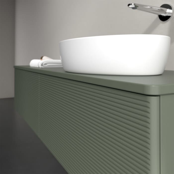 Villeroy & Boch Antao Waschbeckenunterschrank, 160 x 36 cm, 2 Auszüge, Front mit Struktur, mit Hahnloch, für Waschtisch rechts