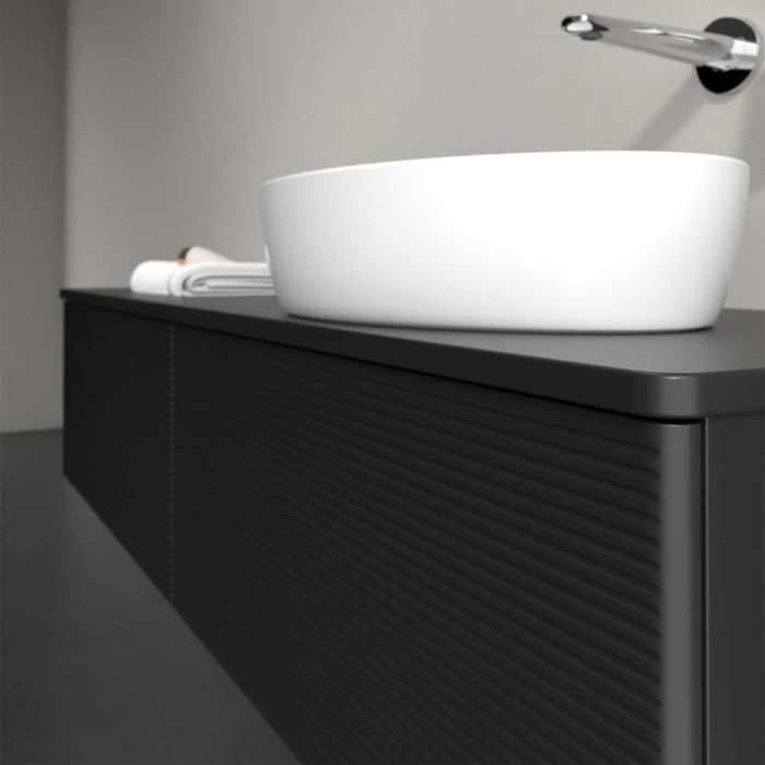 Villeroy & Boch Antao Waschbeckenunterschrank, 160 x 36 cm, 2 Auszüge, Front mit Struktur, mit Hahnloch, für Waschtisch rechts