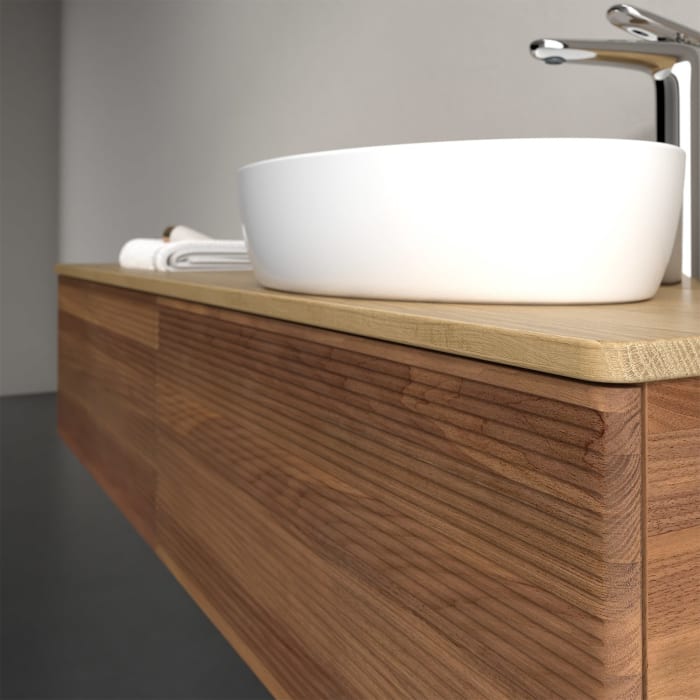 Villeroy & Boch Antao Waschbeckenunterschrank, 160 x 36 cm, 2 Auszüge, Front mit Struktur, mit Hahnloch, für Waschtisch rechts