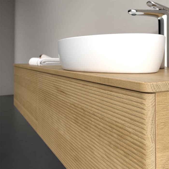 Villeroy & Boch Antao Waschbeckenunterschrank, 160 x 36 cm, 2 Auszüge, Front mit Struktur, mit Hahnloch, für Waschtisch rechts