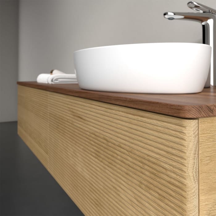 Villeroy & Boch Antao Waschbeckenunterschrank, 160 x 36 cm, 2 Auszüge, Front mit Struktur, mit Hahnloch, für Waschtisch rechts