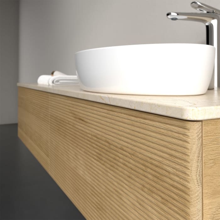 Villeroy & Boch Antao Waschbeckenunterschrank, 160 x 36 cm, 2 Auszüge, Front mit Struktur, mit Hahnloch, für Waschtisch rechts