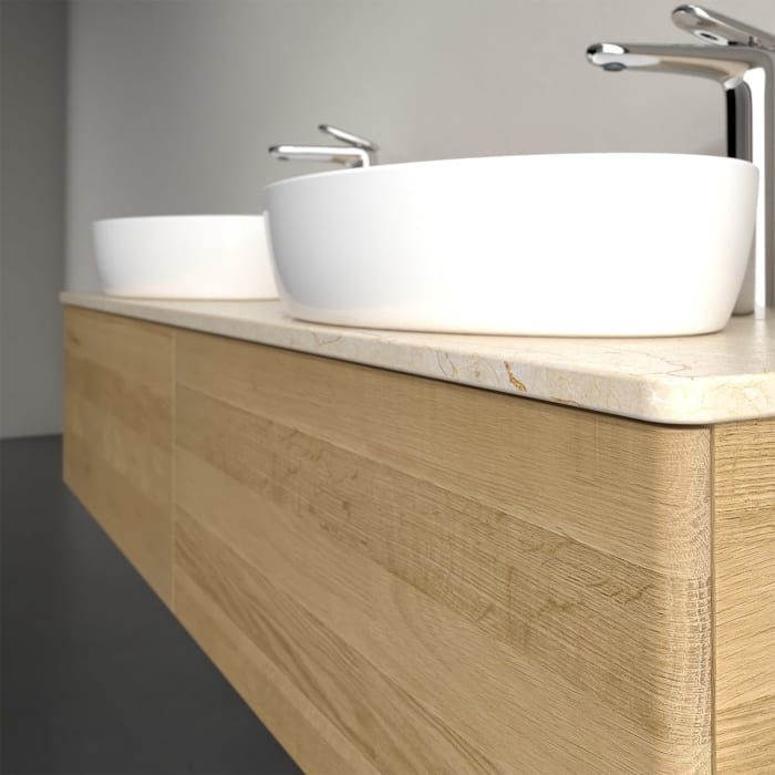 Villeroy & Boch Antao Waschbeckenunterschrank, 160 x 36 cm, 2 Auszüge, Front ohne Struktur, mit Hahnloch, für Waschtisch links und rechts