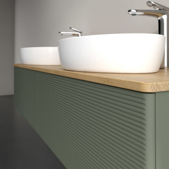 Villeroy & Boch Antao Waschbeckenunterschrank, 160 x 36 cm, 2 Auszüge, Front mit Struktur, mit Hahnloch, für Waschtisch links und rechts