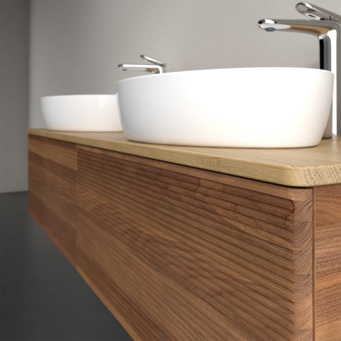 Villeroy & Boch Antao Waschbeckenunterschrank, 160 x 36 cm, 2 Auszüge, Front mit Struktur, mit Hahnloch, für Waschtisch links und rechts