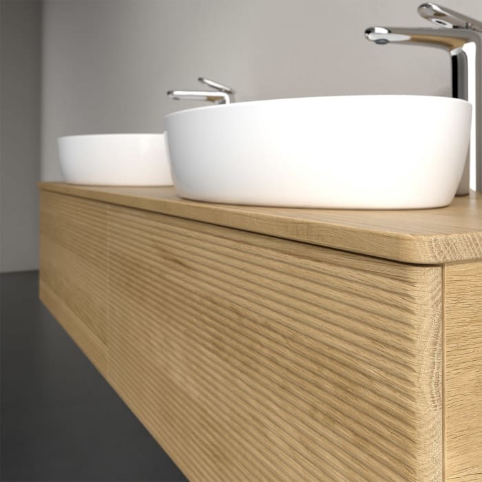 Villeroy & Boch Antao Waschbeckenunterschrank, 160 x 36 cm, 2 Auszüge, Front mit Struktur, mit Hahnloch, für Waschtisch links und rechts