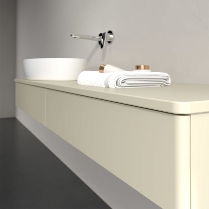 Villeroy & Boch Antao Waschbeckenunterschrank, 160 x 19 cm, 2 Auszüge mit LED-Licht, Front ohne Struktur, mit Hahnloch, für Waschtisch links