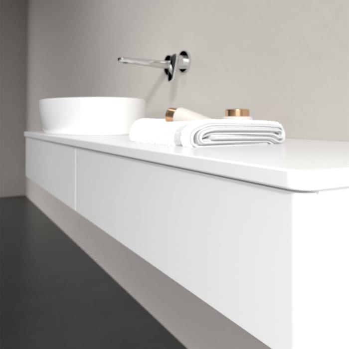 Villeroy & Boch Antao Waschbeckenunterschrank, 160 x 19 cm, 2 Auszüge mit LED-Licht, Front ohne Struktur, mit Hahnloch, für Waschtisch links