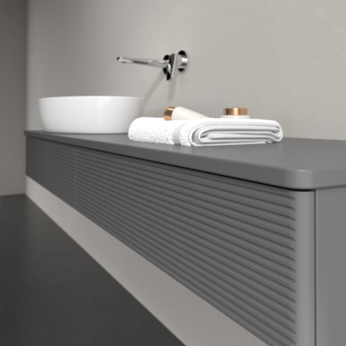 Villeroy & Boch Antao Waschbeckenunterschrank, 160 x 19 cm, 2 Auszüge mit LED-Licht, Front mit Struktur, mit Hahnloch, für Waschtisch links