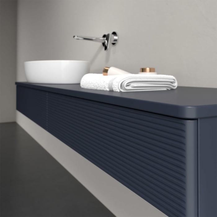 Villeroy & Boch Antao Waschbeckenunterschrank, 160 x 19 cm, 2 Auszüge mit LED-Licht, Front mit Struktur, mit Hahnloch, für Waschtisch links