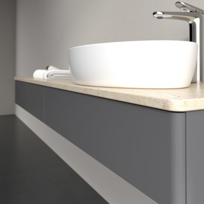 Villeroy & Boch Antao Waschbeckenunterschrank, 160 x 19 cm, 2 Auszüge mit LED-Licht, Front ohne Struktur, mit Hahnloch, für Waschtisch rechts