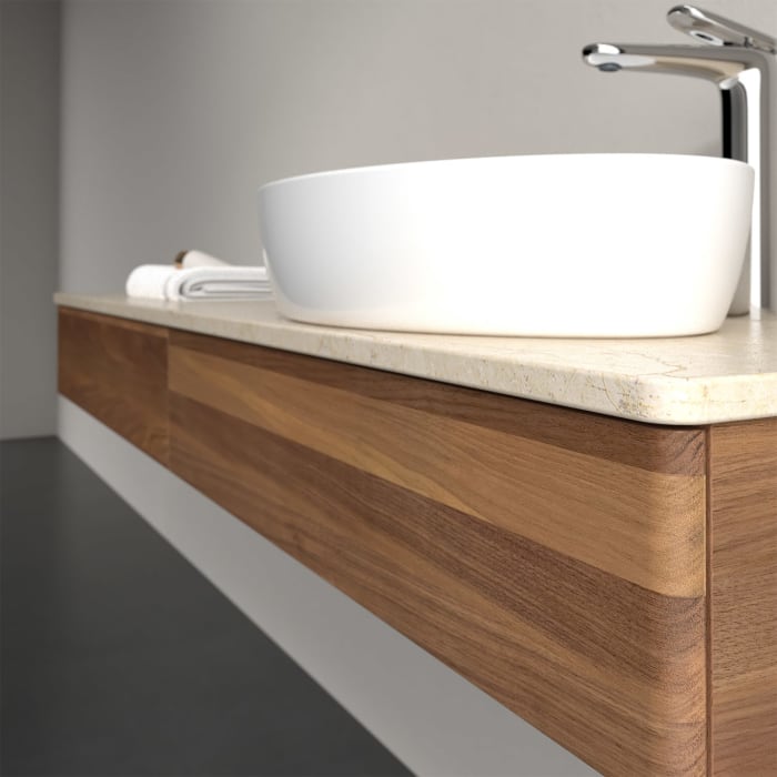 Villeroy & Boch Antao Waschbeckenunterschrank, 160 x 19 cm, 2 Auszüge mit LED-Licht, Front ohne Struktur, mit Hahnloch, für Waschtisch rechts