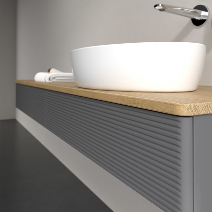 Villeroy & Boch Antao Waschbeckenunterschrank, 160 x 19 cm, 2 Auszüge mit LED-Licht, Front mit Struktur, ohne Hahnloch, für Waschtisch rechts